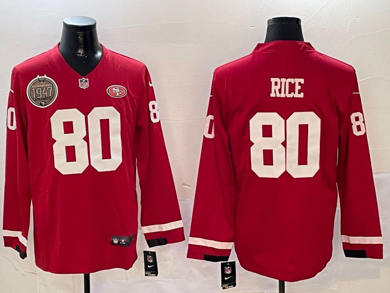 Men San Francisco 49ers 80 Rice Red long sleeve 2024 Nike NFL Jersey style 01041